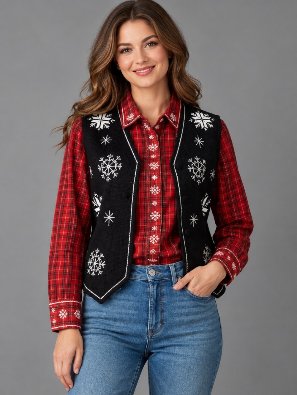 KAREN SCOTT Christmas Holiday Plaid Snowflake Embroidered Felt Vest Shirt